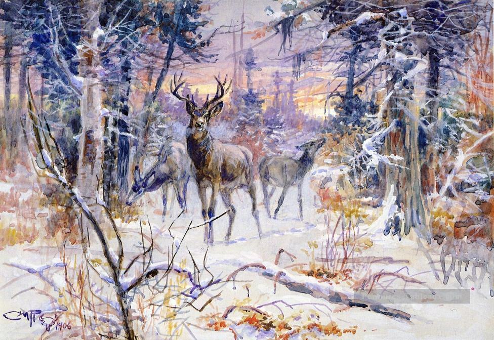 cerf dans une forêt enneigée 1906 Charles Marion Russell Indiana cow boy Peintures à l'huile